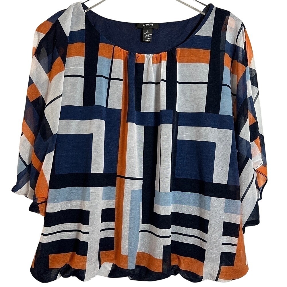 Alfani Geometric Short Angel Wing Sleeve Blue‎ Orange White Bubble Hem Blouse